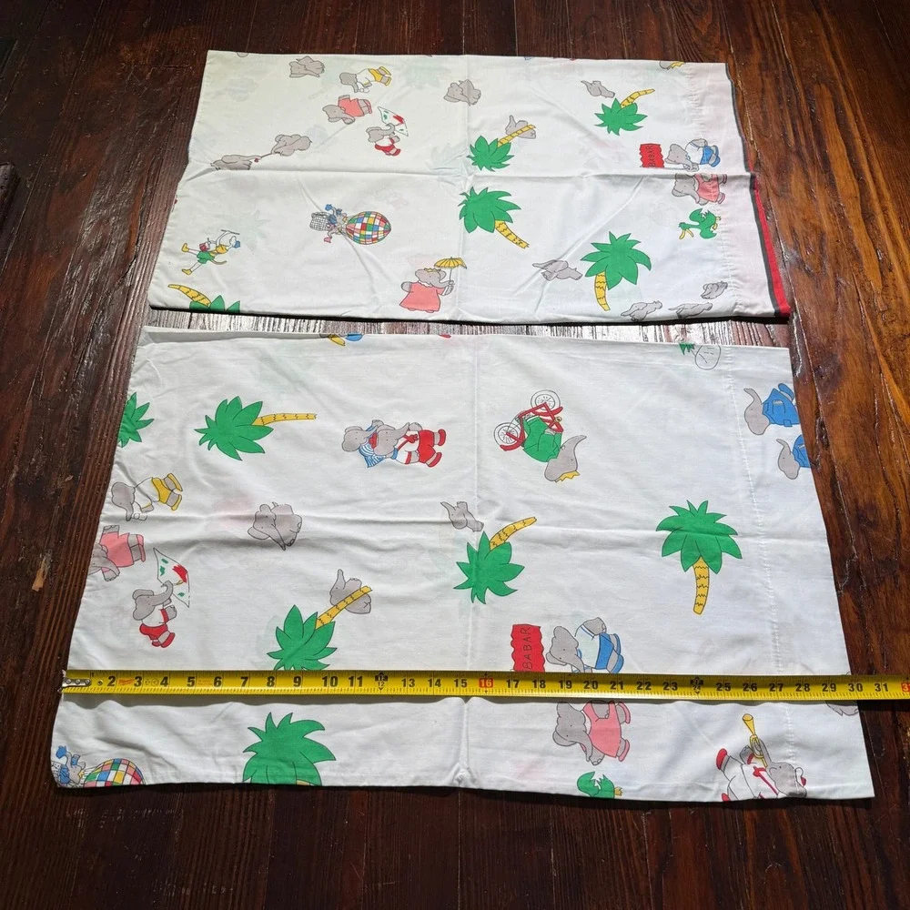 Vintage Babar the Elephant Pillowcase Set Kids Standard White Storybook Print